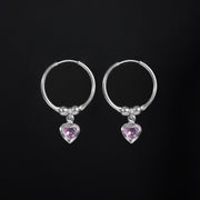 Candongas aro con pendiente de corazón en plata ley 925 y cristal de circón